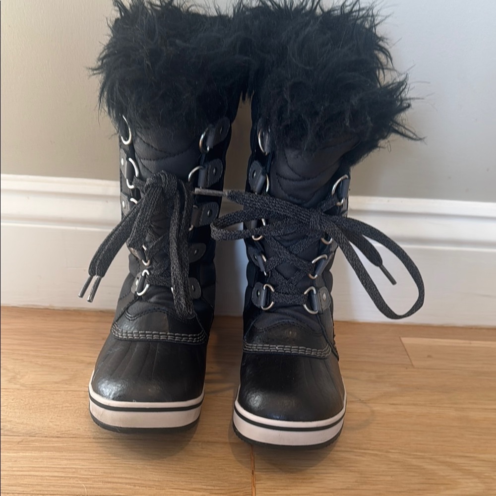 Sorel Black Kids Boots with Faux Fur Trim